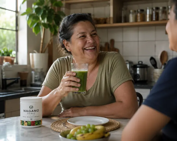 A woman at her kitchen table with a glass of the mixed green tonic and the jar beside her