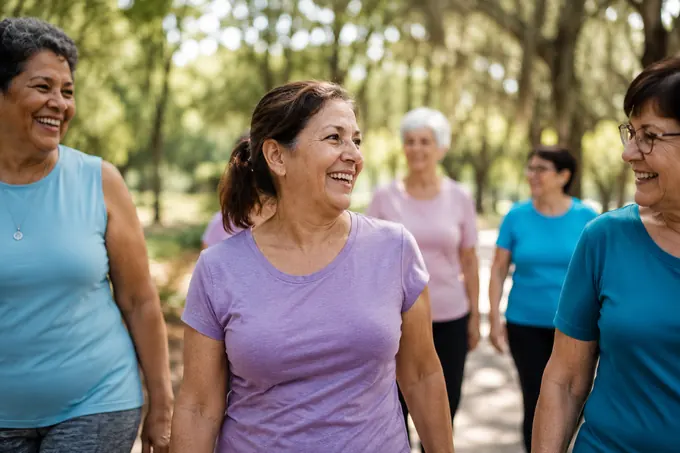 A group of women in their fifties and sixties walking together in a park