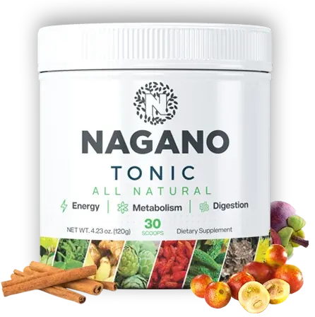 Nagano Lean Body Tonic jar with the raw ingredients from the formula arranged around it